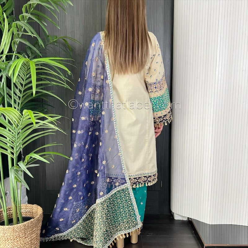 Karma Original Beige Blue Heavily Embroidered Kameez Suit