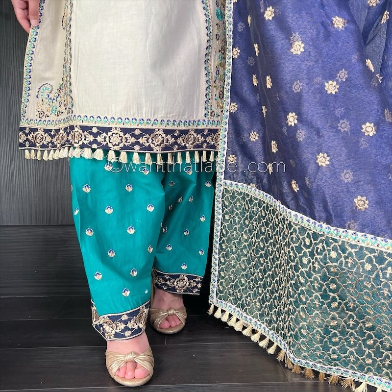 Karma Original Beige Blue Heavily Embroidered Kameez Suit