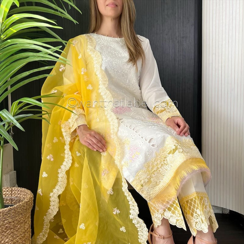 Crimson Inspired White Yellow Embroidered Chickankari Lawn Suit