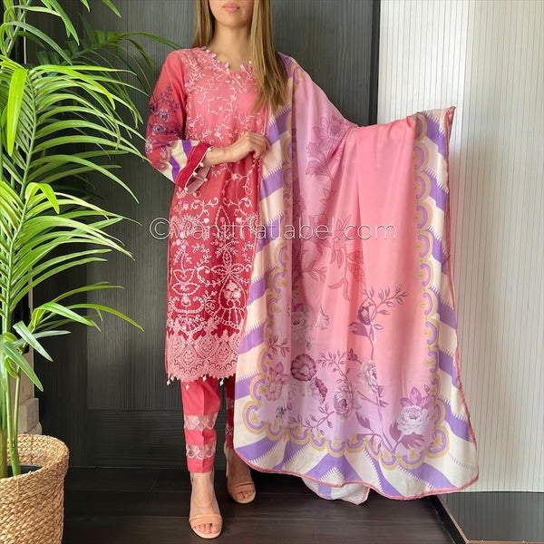 Crimson Inspired Pink Ombre Embroidered Chickankari Lawn Suit