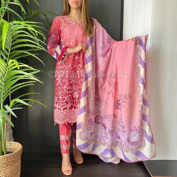 Crimson Inspired Pink Ombre Embroidered Chickankari Lawn Suit