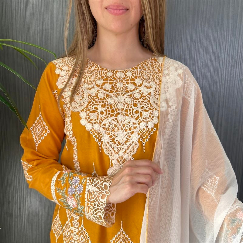 Crimson Inspired Mustard White Embroidered Chickenkari Lawn Suit