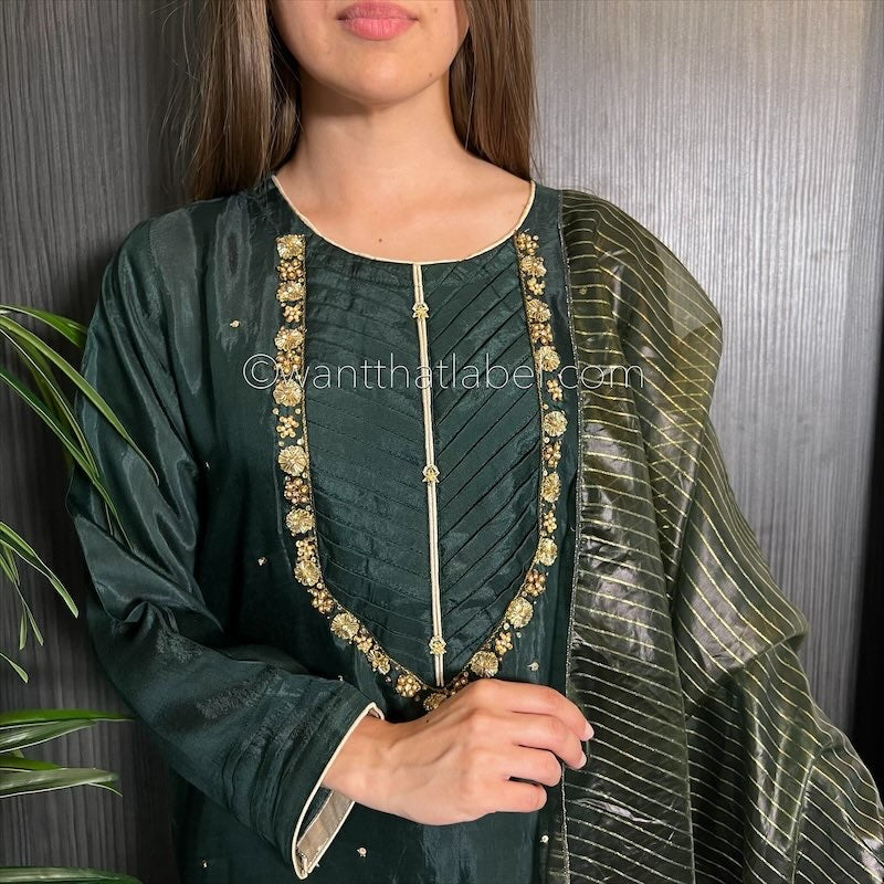Bottle Green Hand Embroidered Cotton Silk Suit