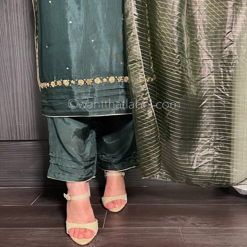 Bottle Green Hand Embroidered Cotton Silk Suit
