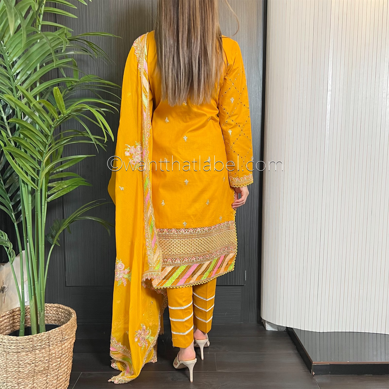 Mustard Heavily Embroidered Chickankari Suit