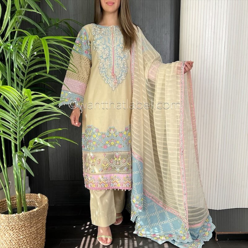 Karma Original Beige Blue Chikankari Embroidered Suit