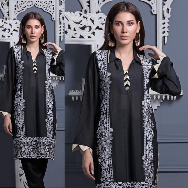 Areeba Saleem Original Black Collared White Grey Embroidered Suit