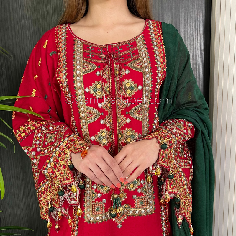 Karma Original Red Heavily Embroidered Sharara Suit