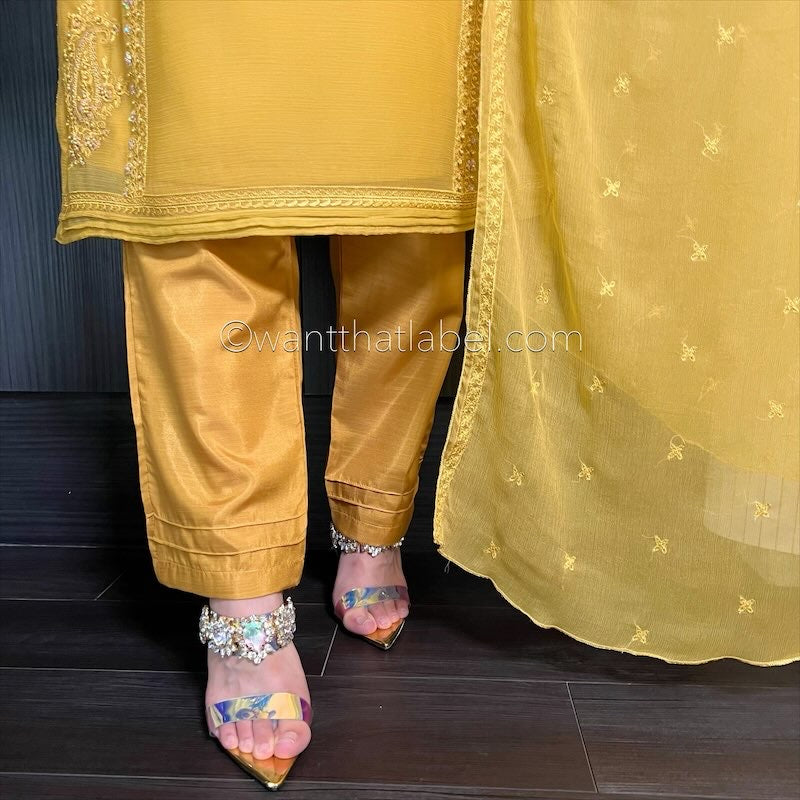 Mustard Hand Embroidered Chiffon Suit