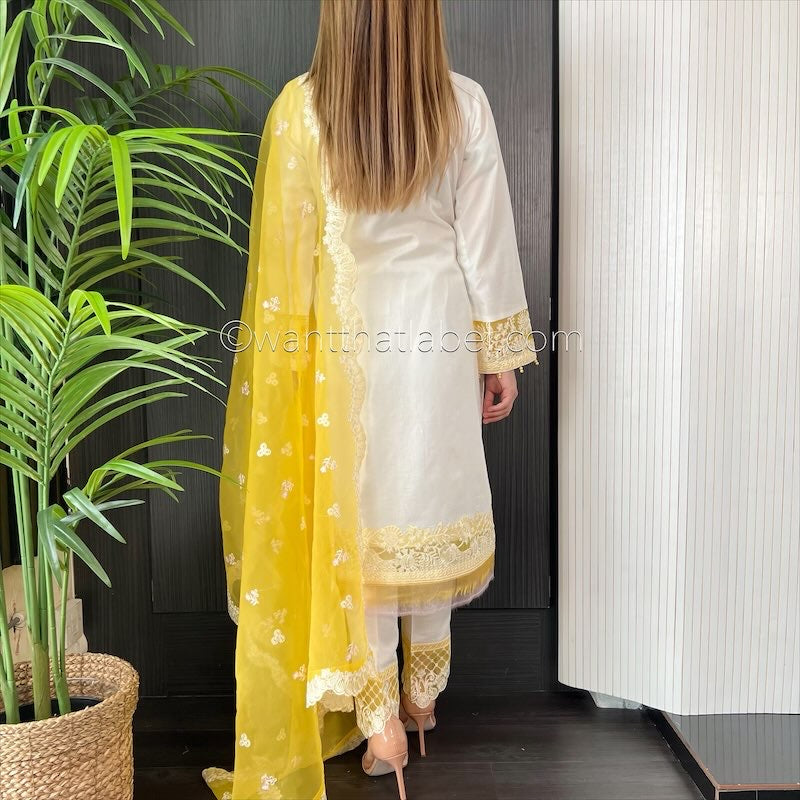 Crimson Inspired White Yellow Embroidered Chickankari Lawn Suit