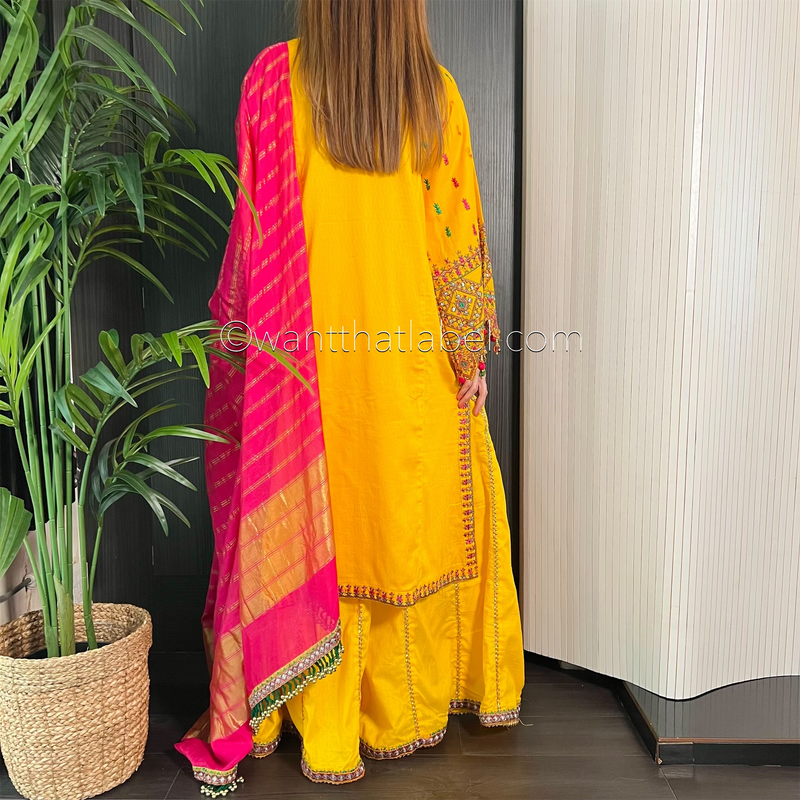 Karma Original Yellow Heavily Embroidered Sharara Suit