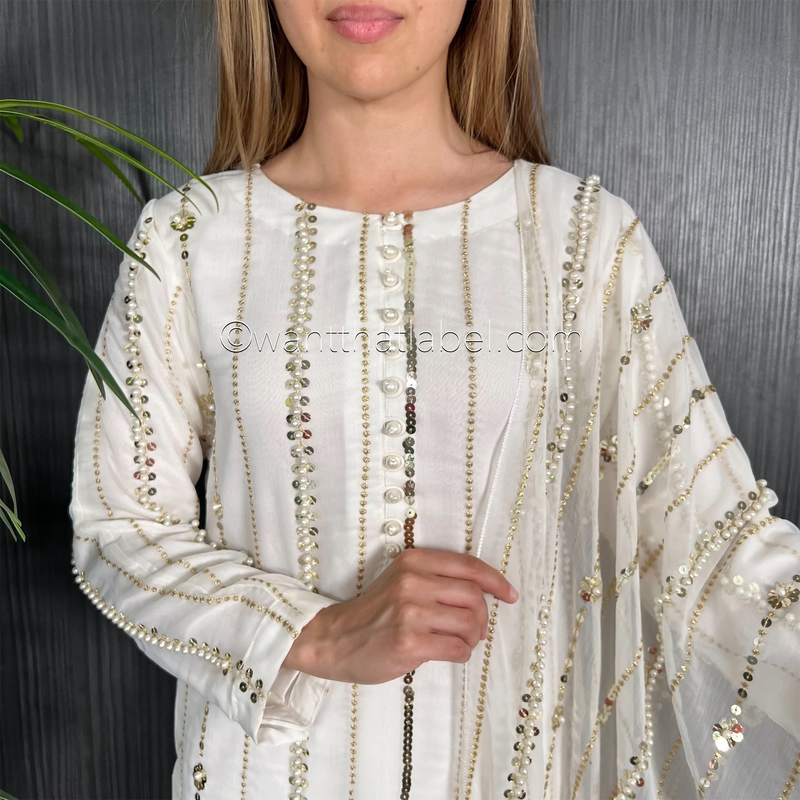Ivory Gold Sequin Pearl Embroidered Chiffon Suit