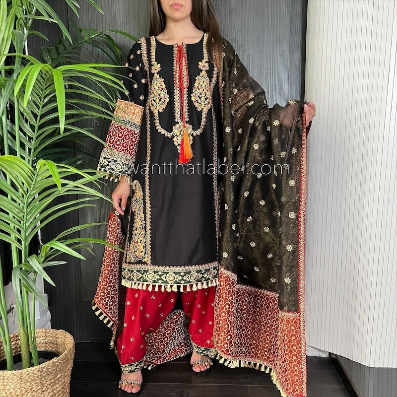 Karma Original Black Red Heavily Embroidered Kameez Suit