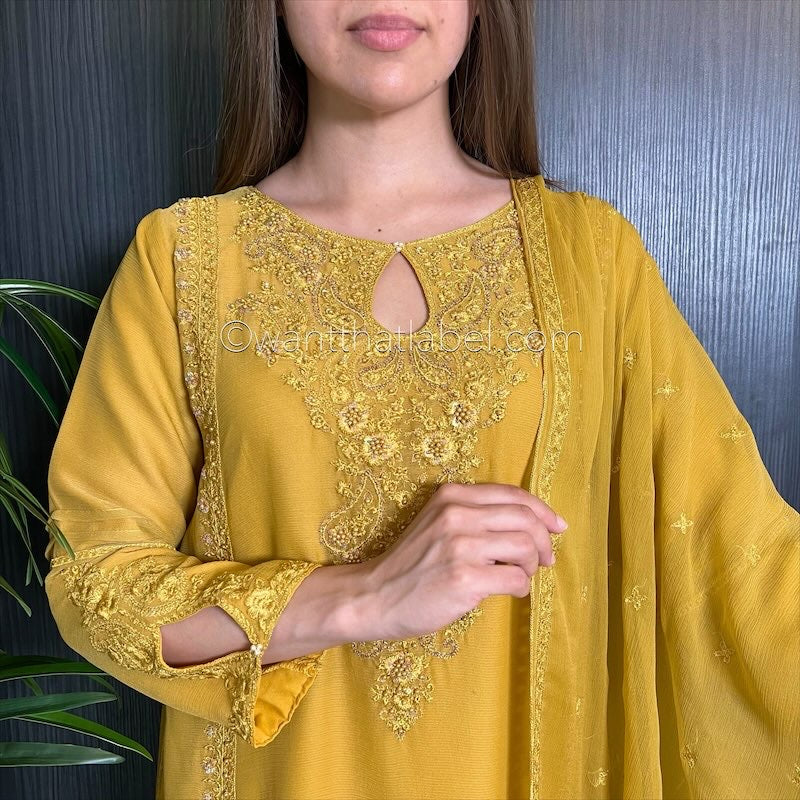 Mustard Hand Embroidered Chiffon Suit