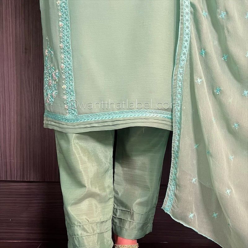 Mint Hand Embroidered Chiffon Suit