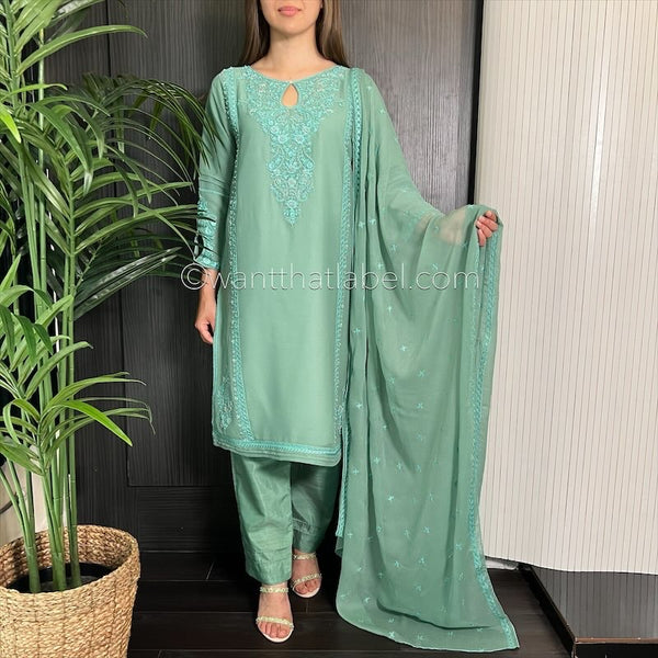 Mint Hand Embroidered Chiffon Suit