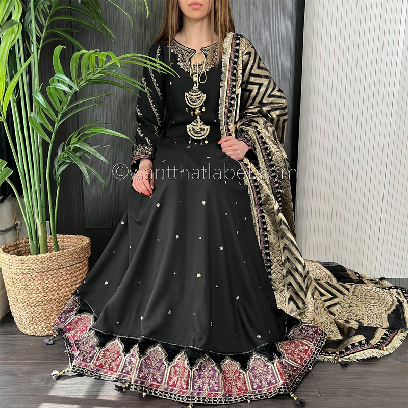 Maria B Inspired Black Gold Embroidered Maxi Dress Suit