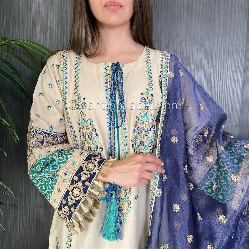 Karma Original Beige Blue Heavily Embroidered Kameez Suit