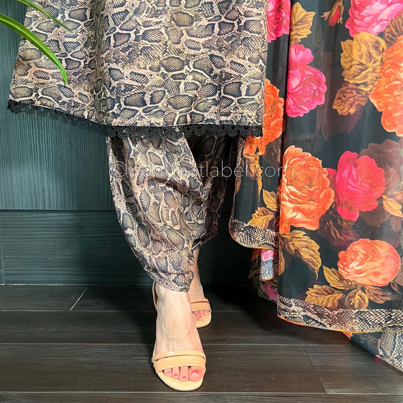 Brown Snake Peplum Cotton Dress Khadi Net Suit