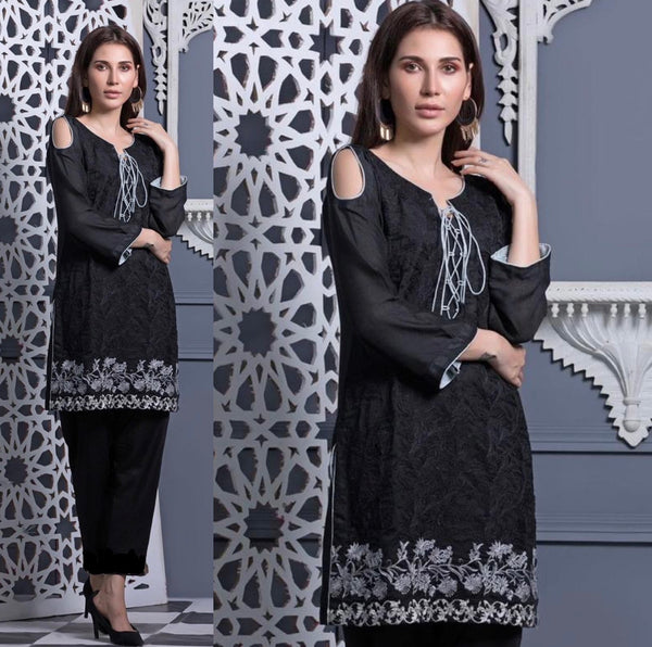 Areeba Saleem Original Black Cut Out Shoulder Embroidered Suit