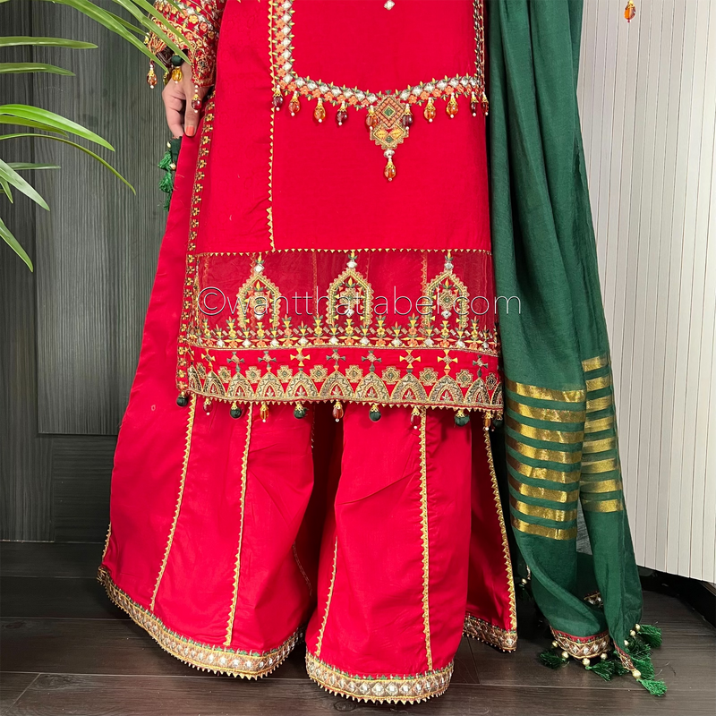 Karma Original Red Heavily Embroidered Sharara Suit