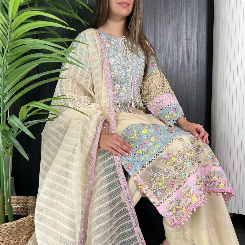 Karma Original Beige Blue Chikankari Embroidered Suit