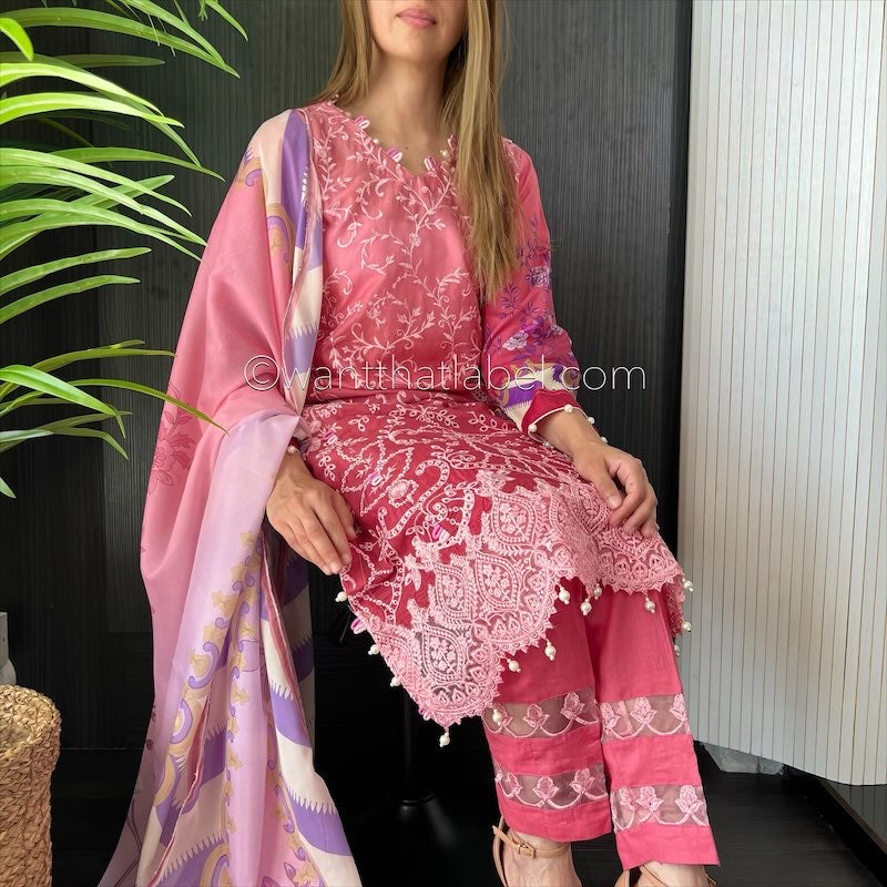 Crimson Inspired Pink Ombre Embroidered Chickankari Lawn Suit