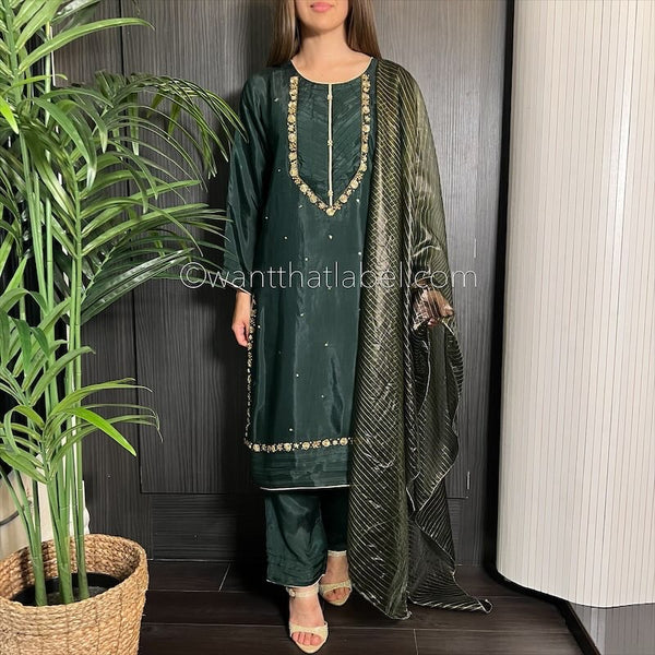 Bottle Green Hand Embroidered Cotton Silk Suit