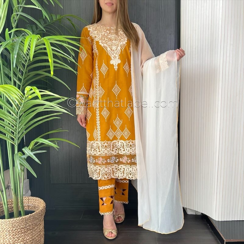 Crimson Inspired Mustard White Embroidered Chickenkari Lawn Suit