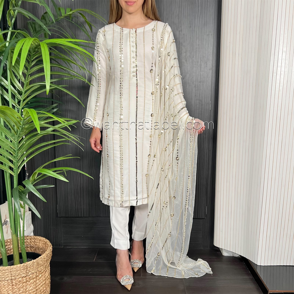 Ivory Gold Sequin Pearl Embroidered Chiffon Suit
