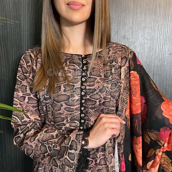 Brown Snake Peplum Cotton Dress Khadi Net Suit