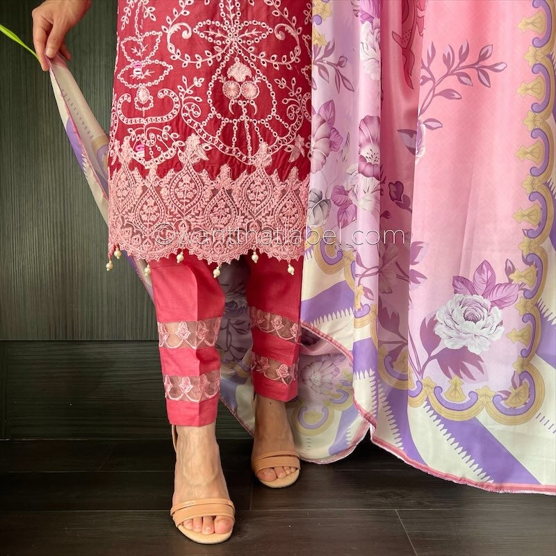 Crimson Inspired Pink Ombre Embroidered Chickankari Lawn Suit