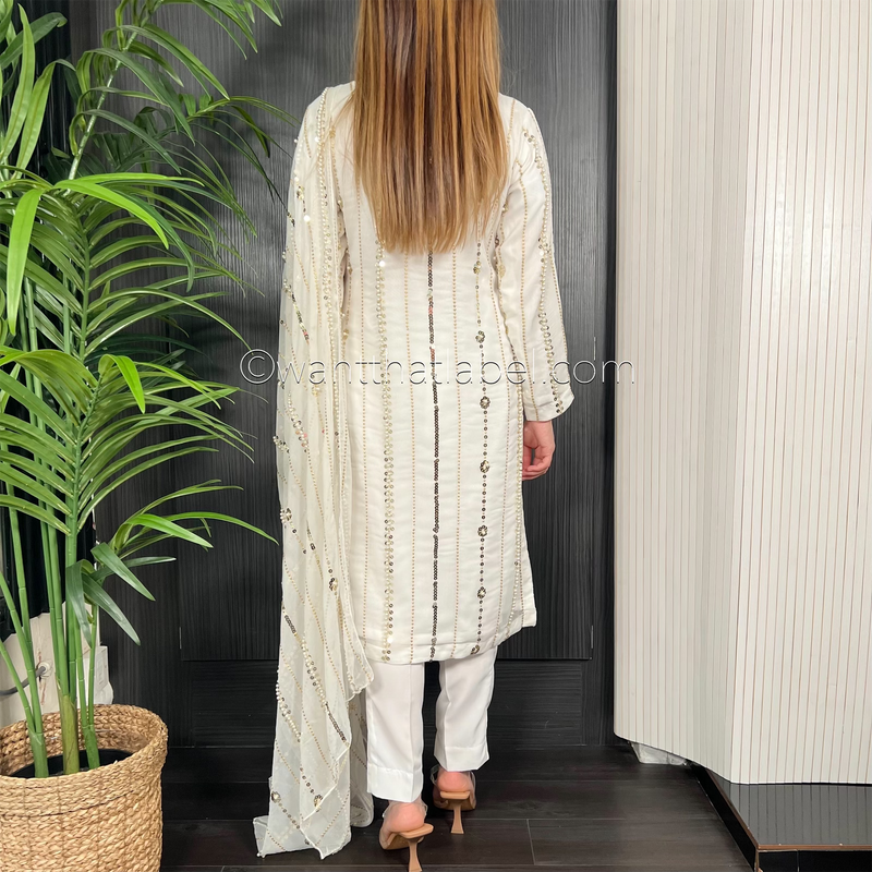 Ivory Gold Sequin Pearl Embroidered Chiffon Suit