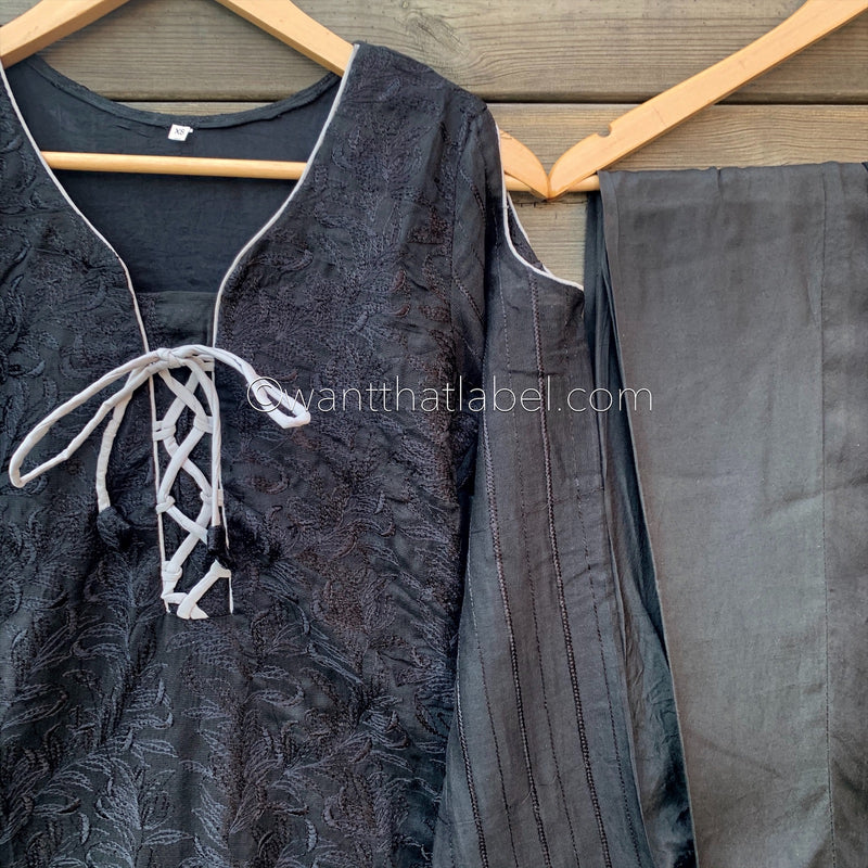 Areeba Saleem Original Black Cut Out Shoulder Embroidered Suit