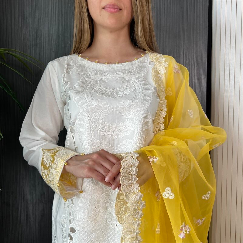 Crimson Inspired White Yellow Embroidered Chickankari Lawn Suit