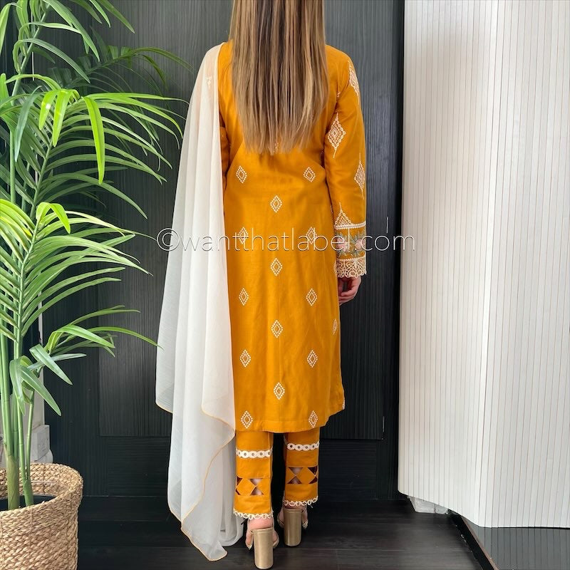 Crimson Inspired Mustard White Embroidered Chickenkari Lawn Suit