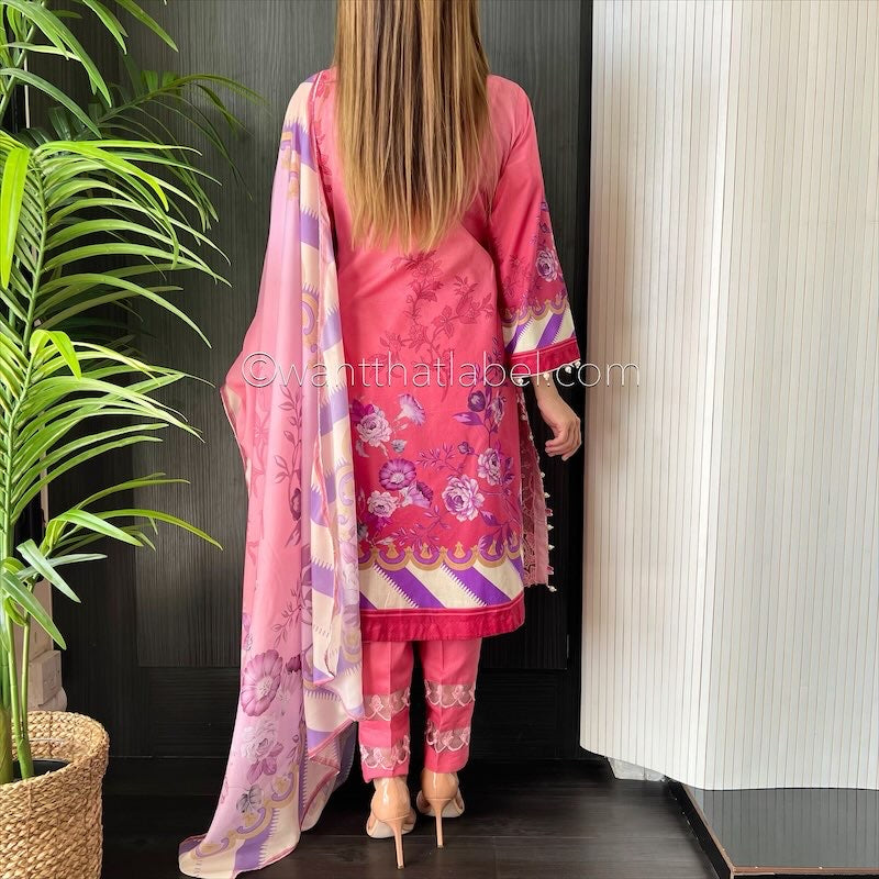 Crimson Inspired Pink Ombre Embroidered Chickankari Lawn Suit