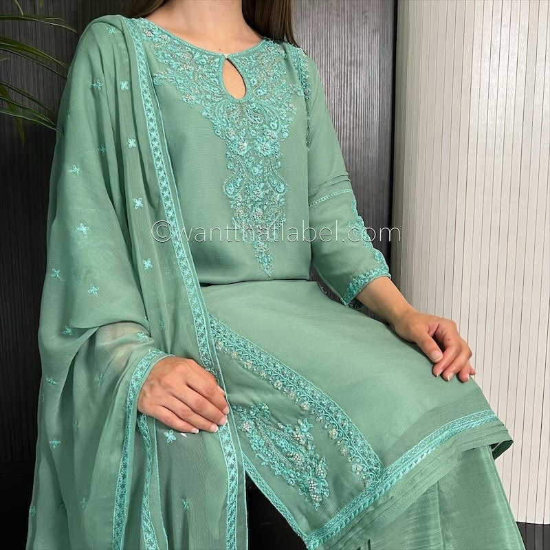 Mint Hand Embroidered Chiffon Suit