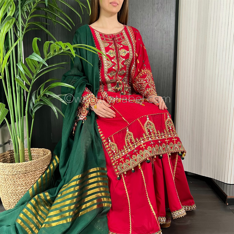 Karma Original Red Heavily Embroidered Sharara Suit