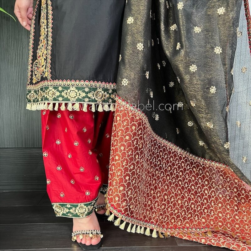 Karma Original Black Red Heavily Embroidered Kameez Suit