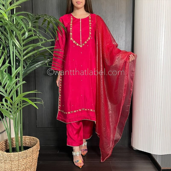 Crimson Pink Hand Embroidered Cotton Silk Suit
