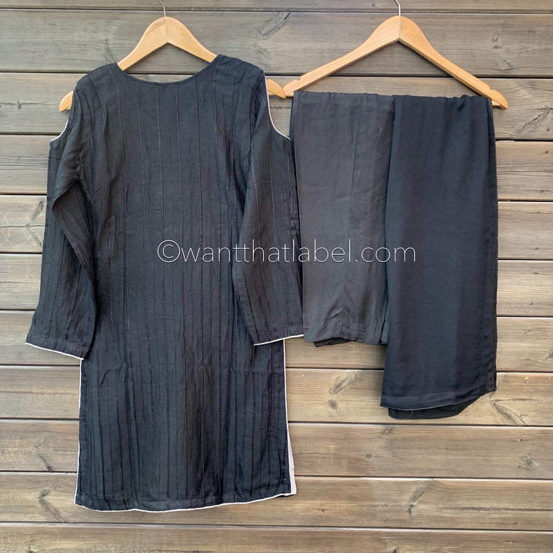 Areeba Saleem Original Black Cut Out Shoulder Embroidered Suit