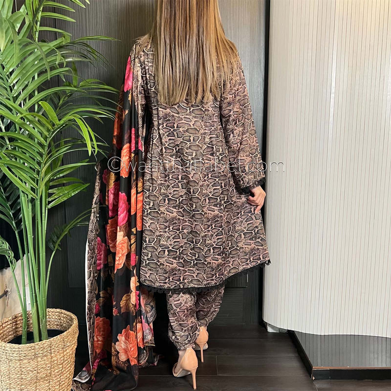 Brown Snake Peplum Cotton Dress Khadi Net Suit