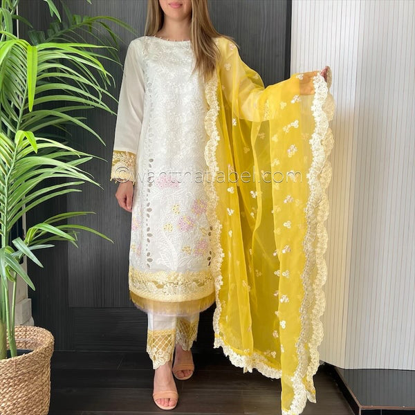 Crimson Inspired White Yellow Embroidered Chickankari Lawn Suit