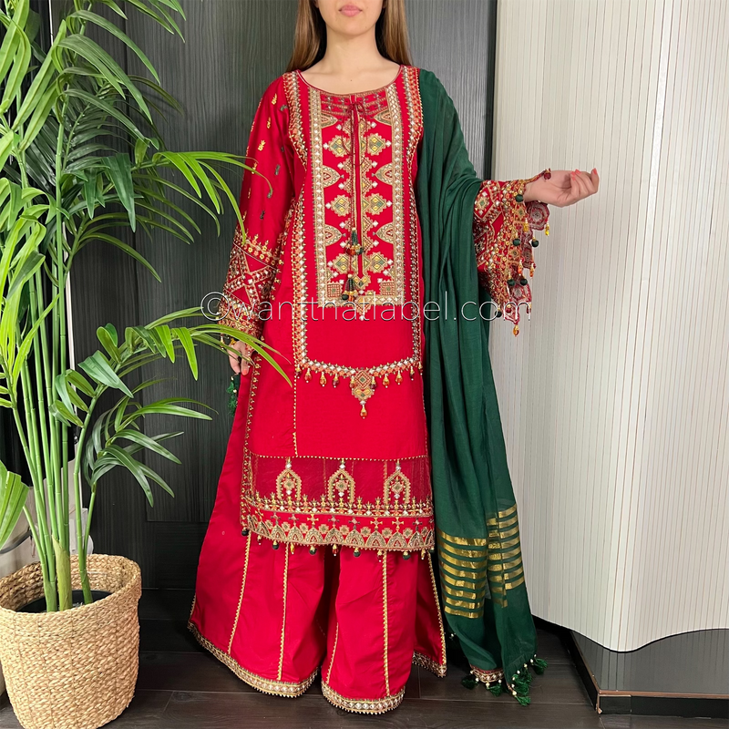 Karma Original Red Heavily Embroidered Sharara Suit