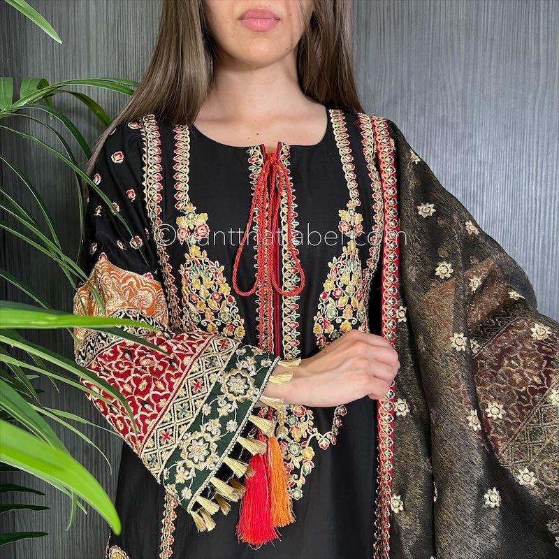 Karma Original Black Red Heavily Embroidered Kameez Suit
