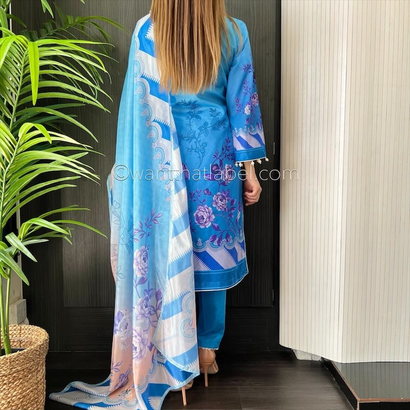 Crimson Inspired Blue Ombre Embroidered Chickankari Lawn Suit