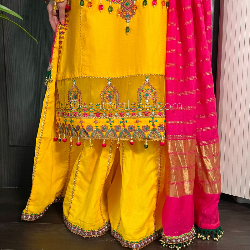 Karma Original Yellow Heavily Embroidered Sharara Suit