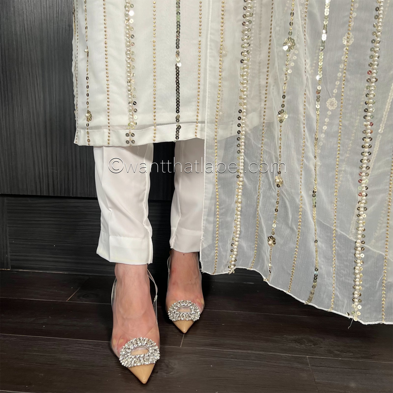 Ivory Gold Sequin Pearl Embroidered Chiffon Suit