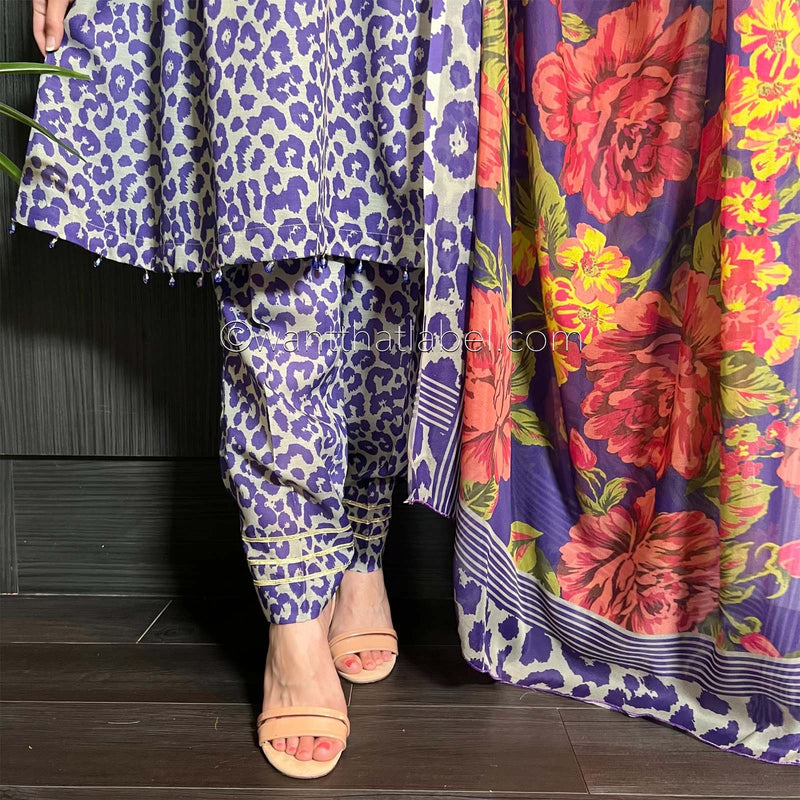 Purple Leopard Peplum Cotton Dress Khadi Net Suit